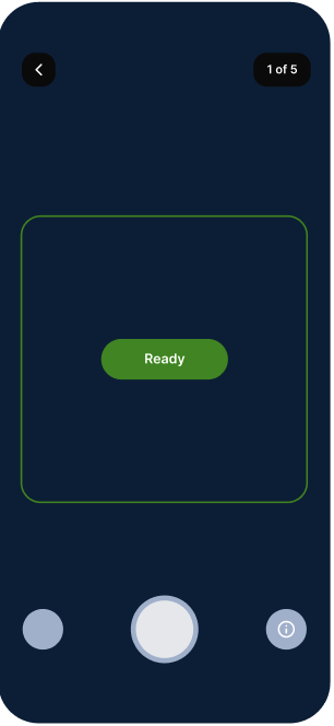 ProteGO camera — step 1 of 5 in the capture flow, viewfinder framed and ready state confirmed