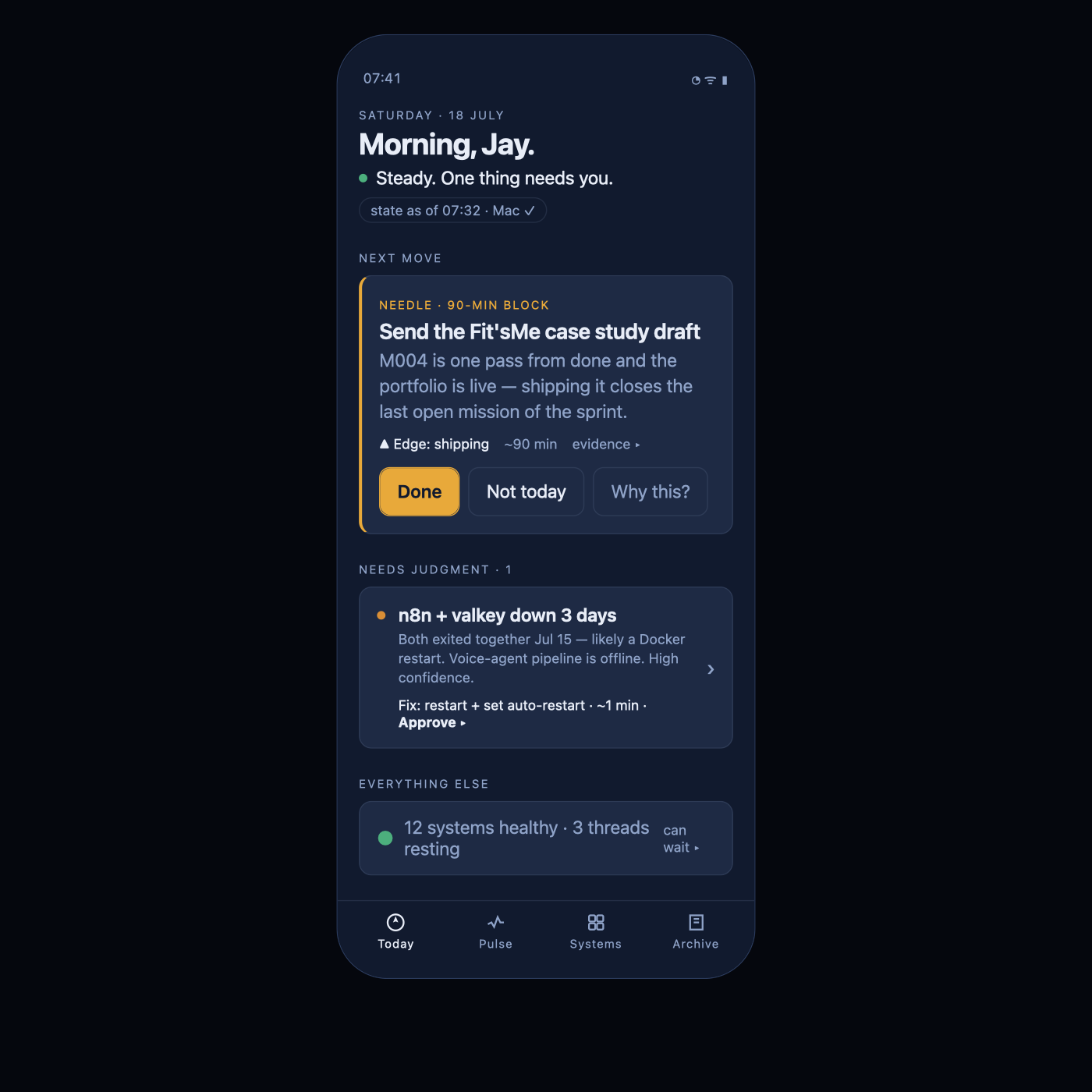Compass morning-glance home screen — 'Morning, Jay. Steady. One thing needs you.' with a single Next Move card, one item needing judgment, and 12 systems healthy, 3 threads resting.
