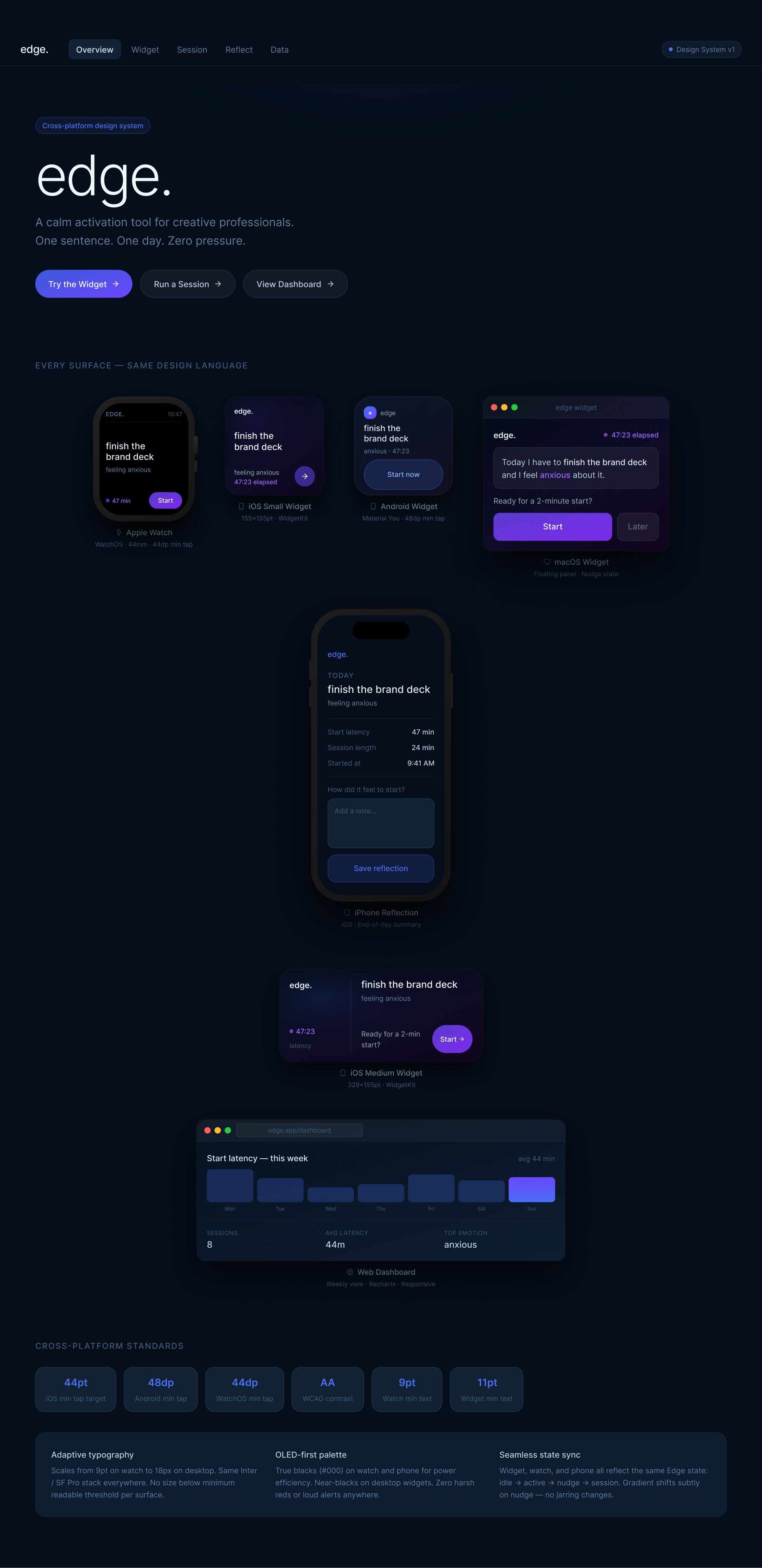 Edge — cross-platform dark design system with widget-first activation support interface