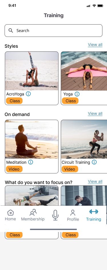 Fit'sMe training catalogue — AcroYoga, Yoga, Meditation, and Circuit Training screens