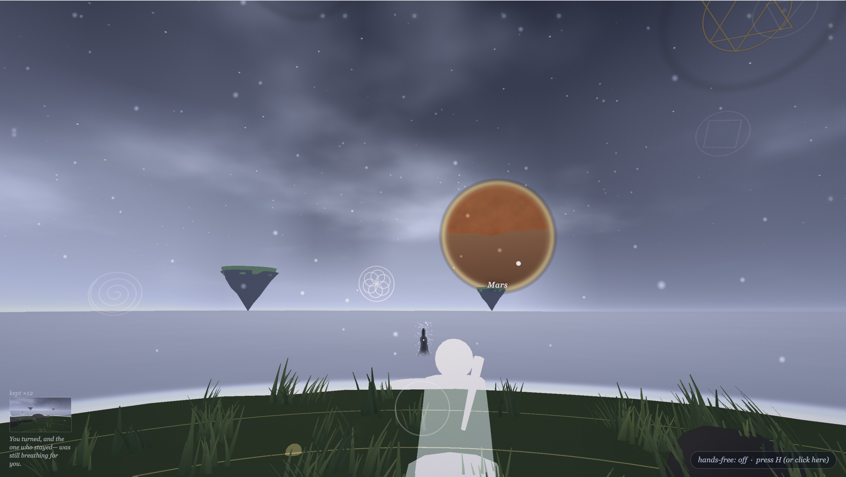 JAY Astral Edition — night scene with Mars sphere, floating islands, sacred geometry symbols, and white figure