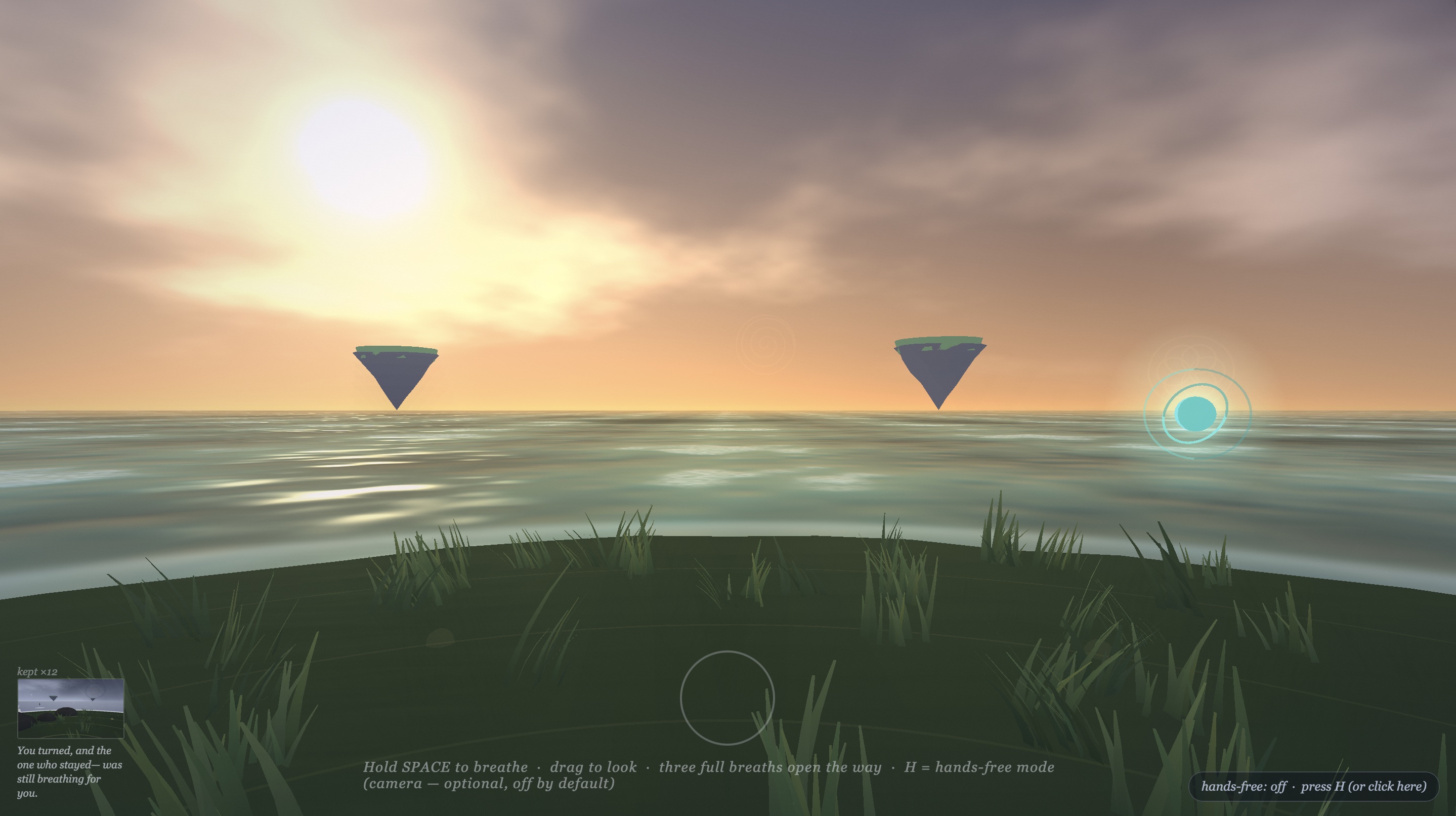 JAY Astral Edition — golden sunset over ocean with floating islands and cyan interaction orb