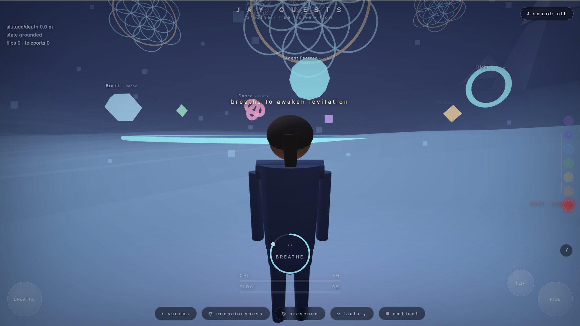 JAY Quests — 3D world with character, breathe to awaken levitation, scene navigation bar
