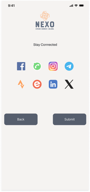 Nexo 'Stay Connected' screen — 8 platform icons in a 2x4 grid: Facebook, WhatsApp, Instagram, Telegram, Strava, Eventbrite, LinkedIn, X