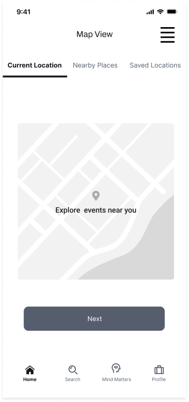 Nexo Map View — Current Location / Nearby Places / Saved Locations tabs, with a map showing 'Explore events near you'