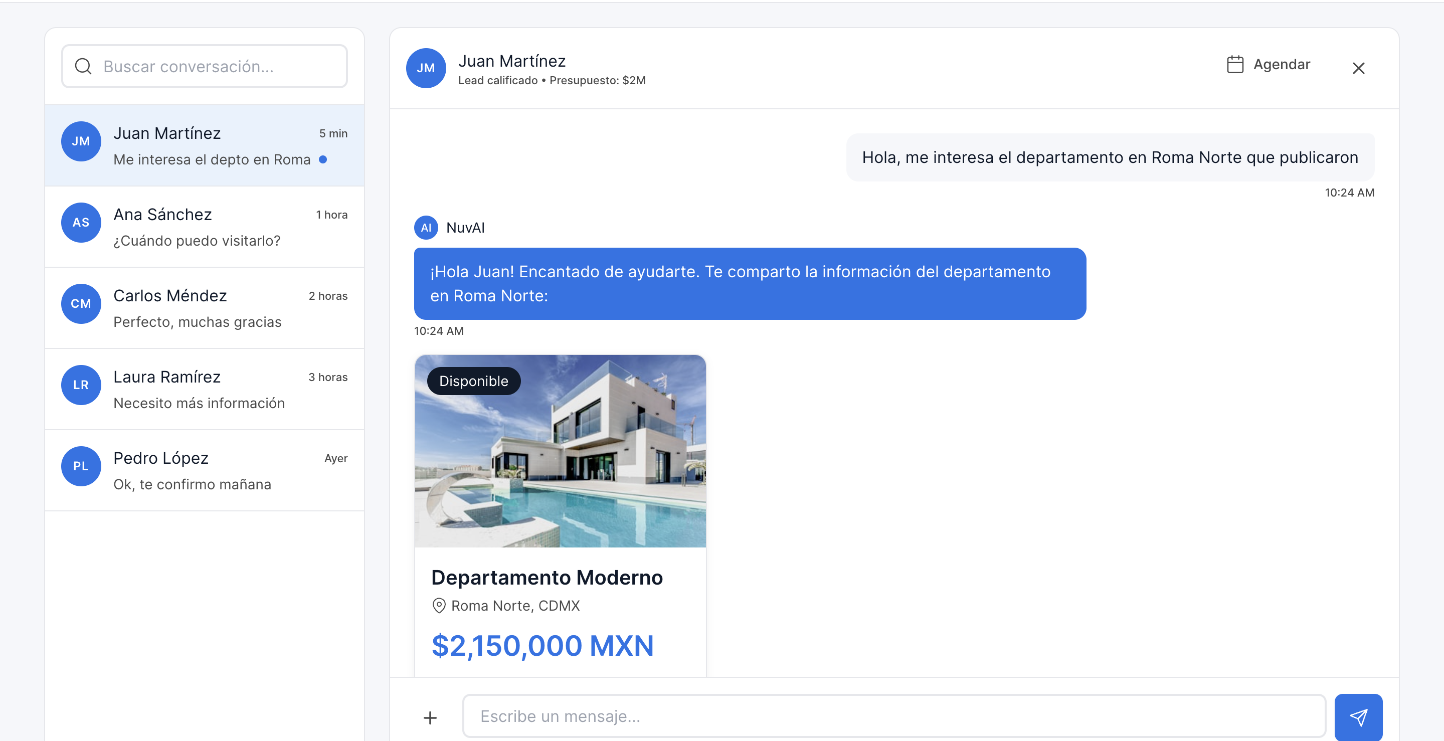 NuvAI — warm, human-first AI lead assistant showing disclosure flow and pacing controls