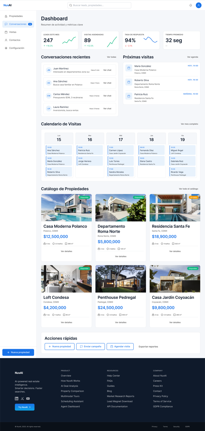 NuvAI mobile dashboard — the agent's lead pipeline at a glance