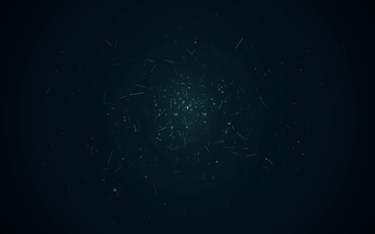 Press-Sense — Bioluminescent mode: deep teal field with cyan fragments and particles scattered from a luminous centre