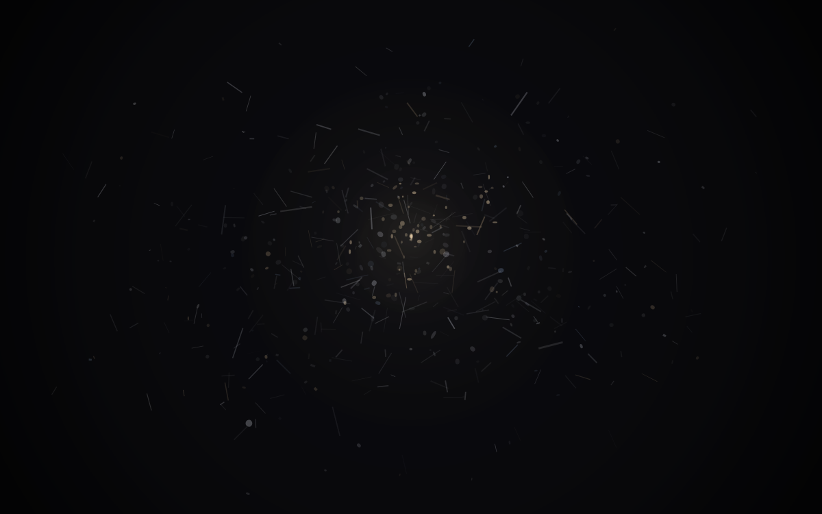 Press-Sense — Night mode: pure black field, silver and steel fragments drifting outward from a dim luminous core