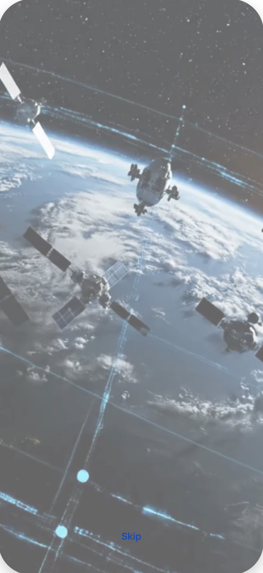 ProteGO onboarding screen — satellite atmospheric visual with skip option